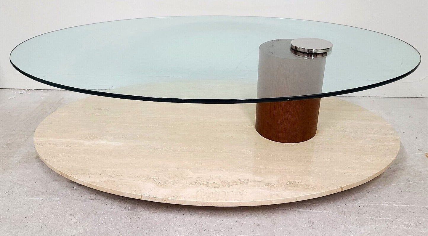 1970's MCM Travertine & Glass Swivel Top Coffee Cocktail Table by LION IN FROST