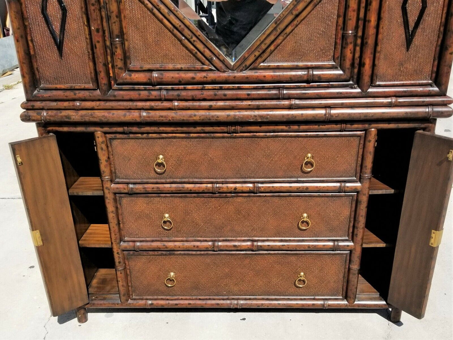 MAITLAND SMITH Asian Chinoiserie Chippendale Wardrobe Armoire Bamboo Wicker