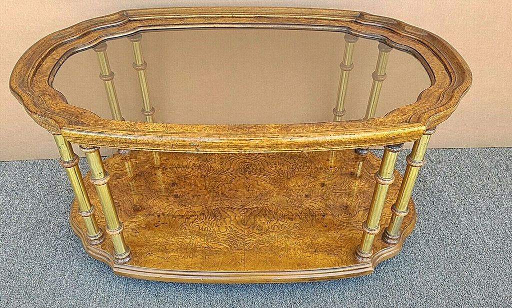 Vtg French DREXEL Et Cetera Rolling Burl Wood Glass Brass Coffee Cocktail Table