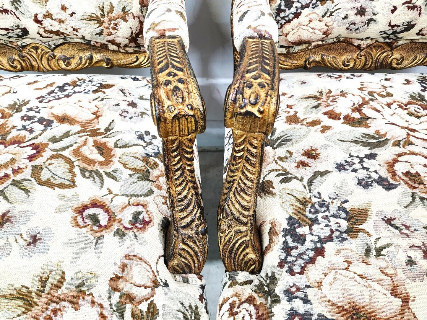 French Louis XV Rococo Giltwood Fauteuil Oversized Armchairs - a Pair