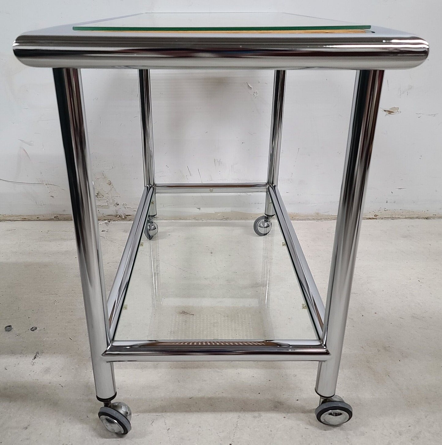 MCM 1970s Chrome Wicker Glass Rolling Bar Serving Cart