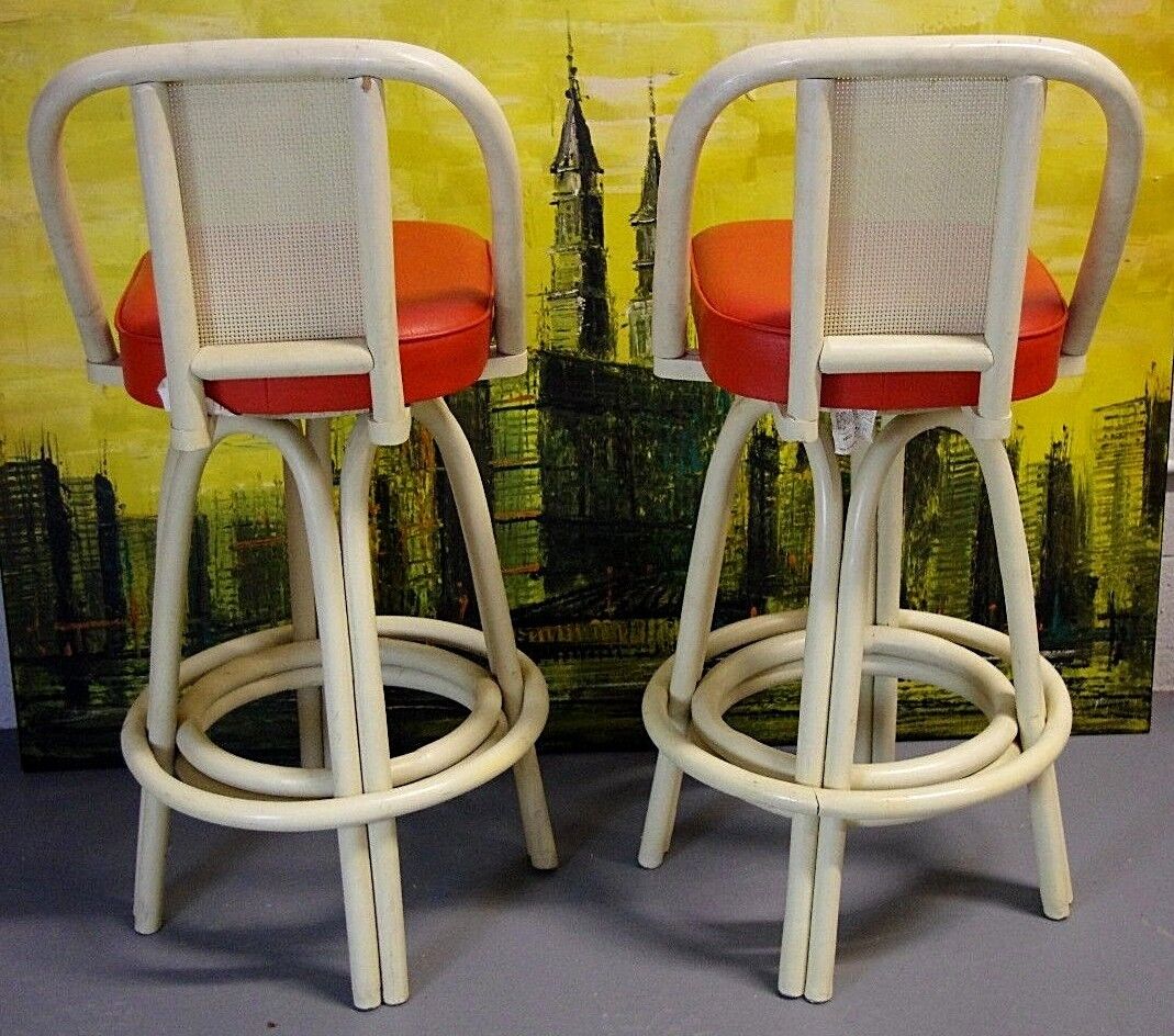 Set of 2 1960's Rattan Retro Mod Bamboo Cane Back Swivel Bar Stools