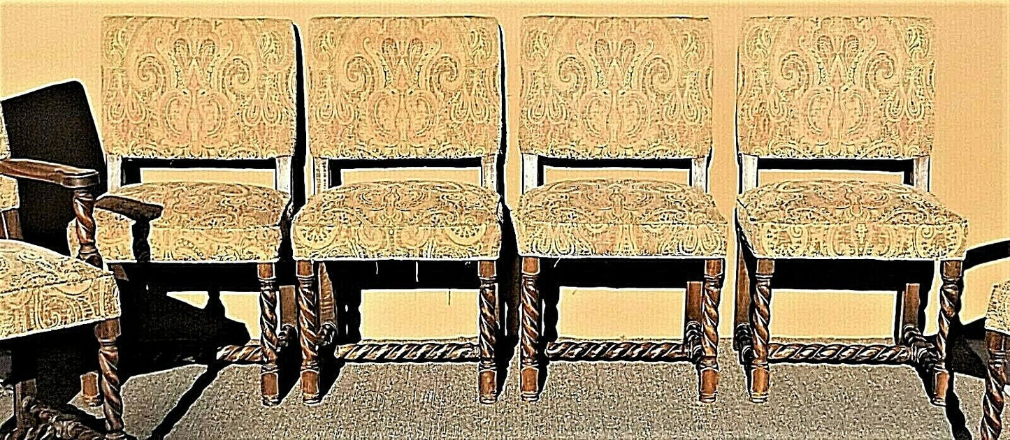 Set of 6 Antique English Oak Carved Barley Twist Jacobean Style Dining Chairs