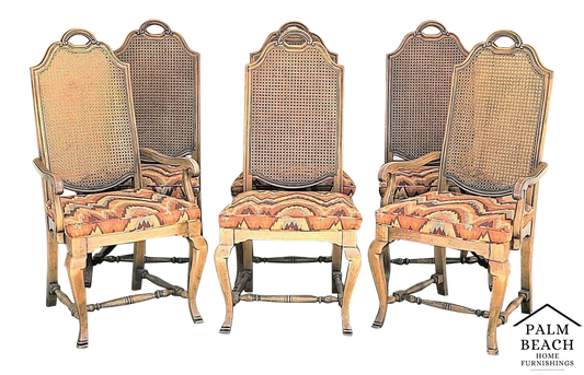 Vintage French Country Caned Back Flamestitch Fabric Dining Chairs - Set of 6