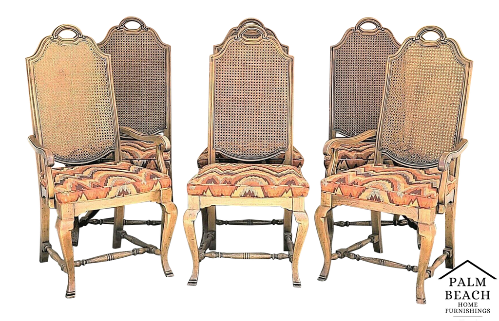 Vintage French Country Caned Back Flamestitch Fabric Dining Chairs - Set of 6