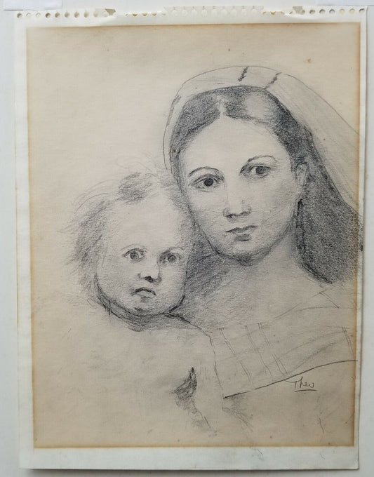 Original Theo Van Doesburg Pencil Signed Drawing of Madonna and Child
