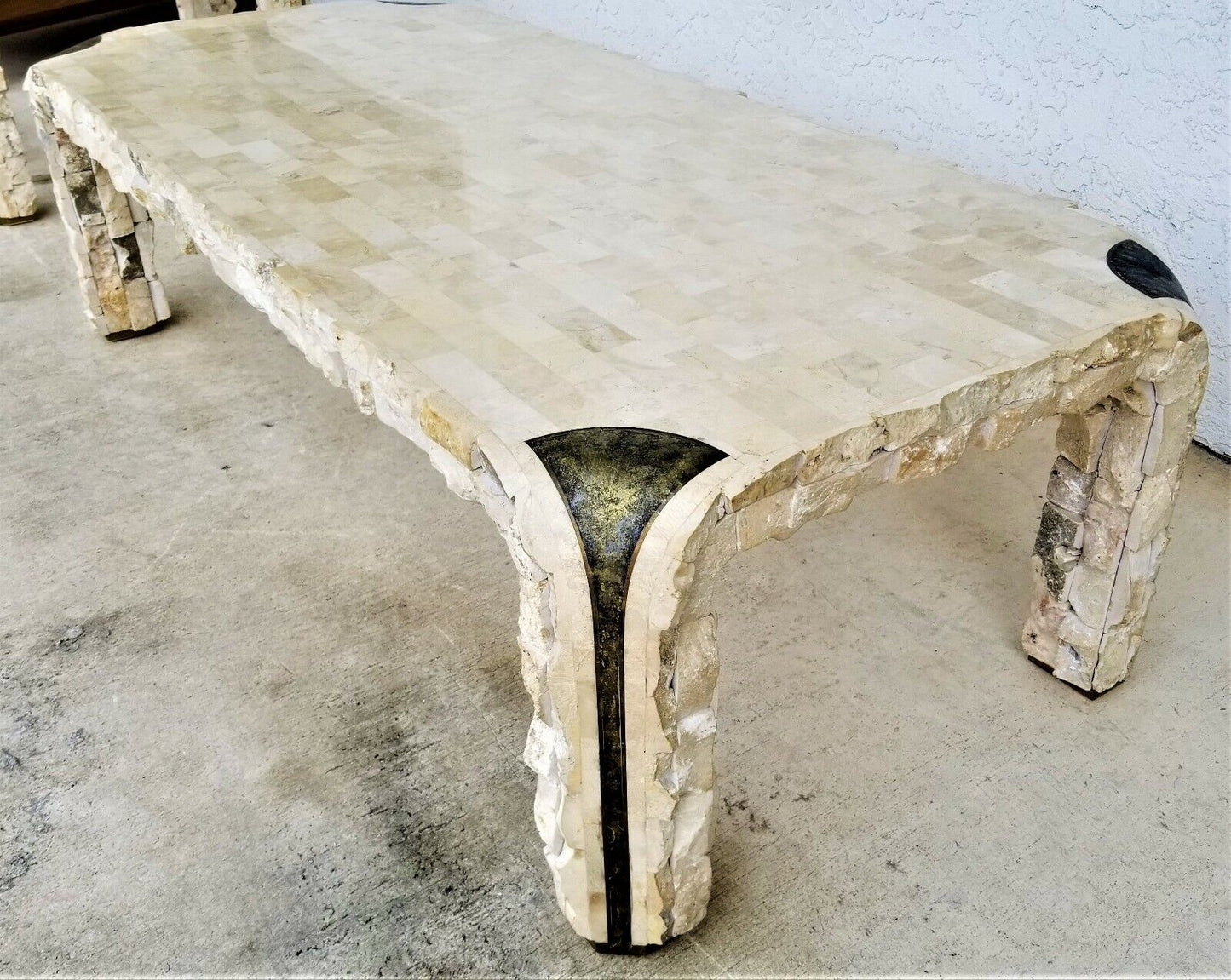 80's MAITLAND SMITH Mactan Tessellated Stone Brass Glass Console Sofa Table