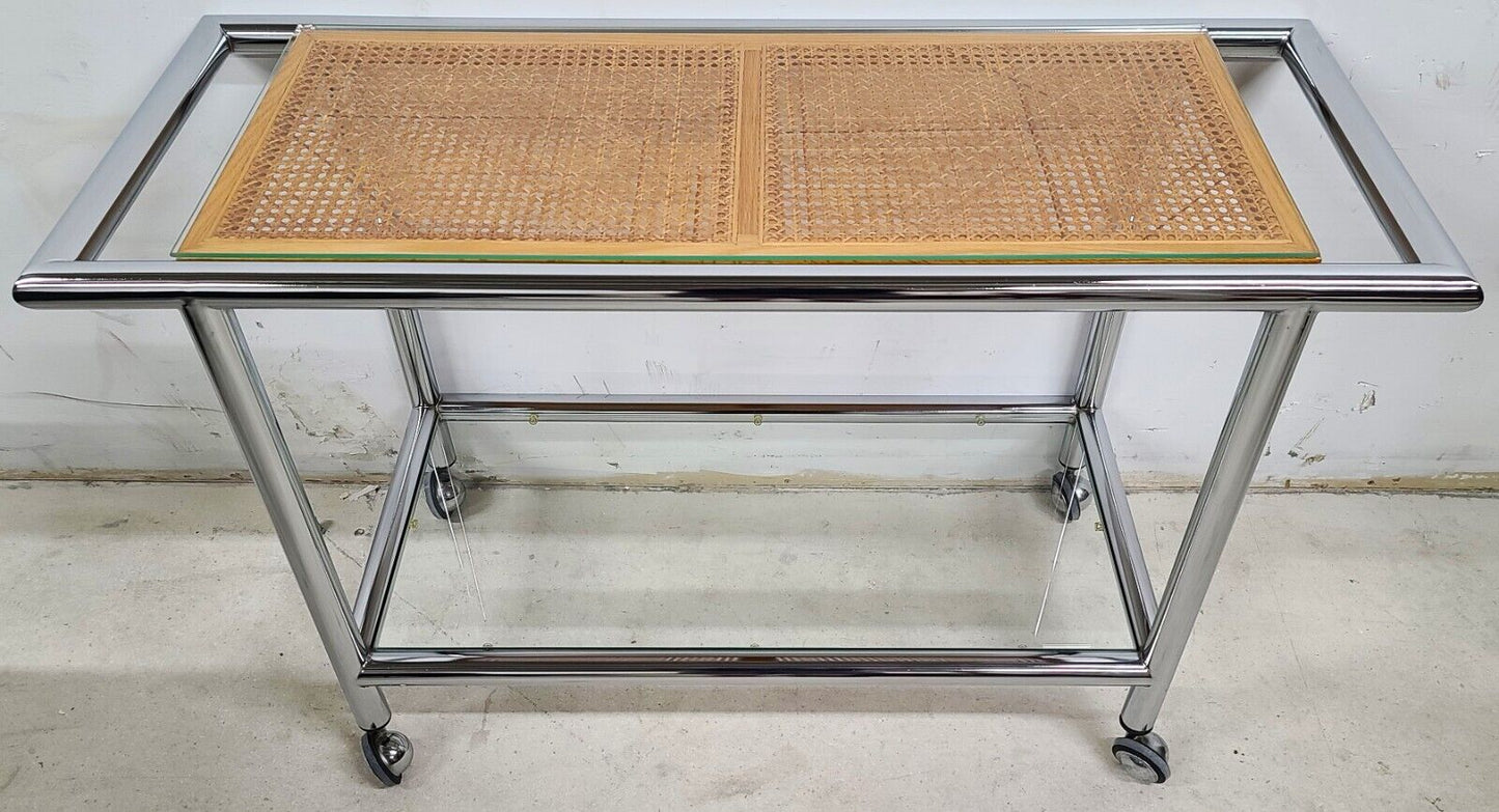 MCM 1970s Chrome Wicker Glass Rolling Bar Serving Cart