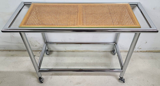 MCM 1970s Chrome Wicker Glass Rolling Bar Serving Cart