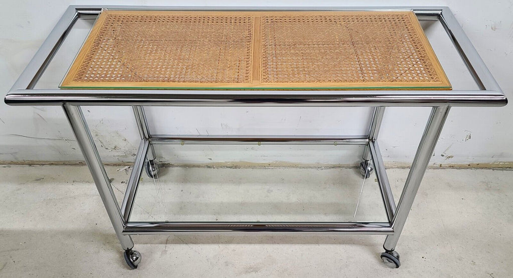 MCM 1970s Chrome Wicker Glass Rolling Bar Serving Cart