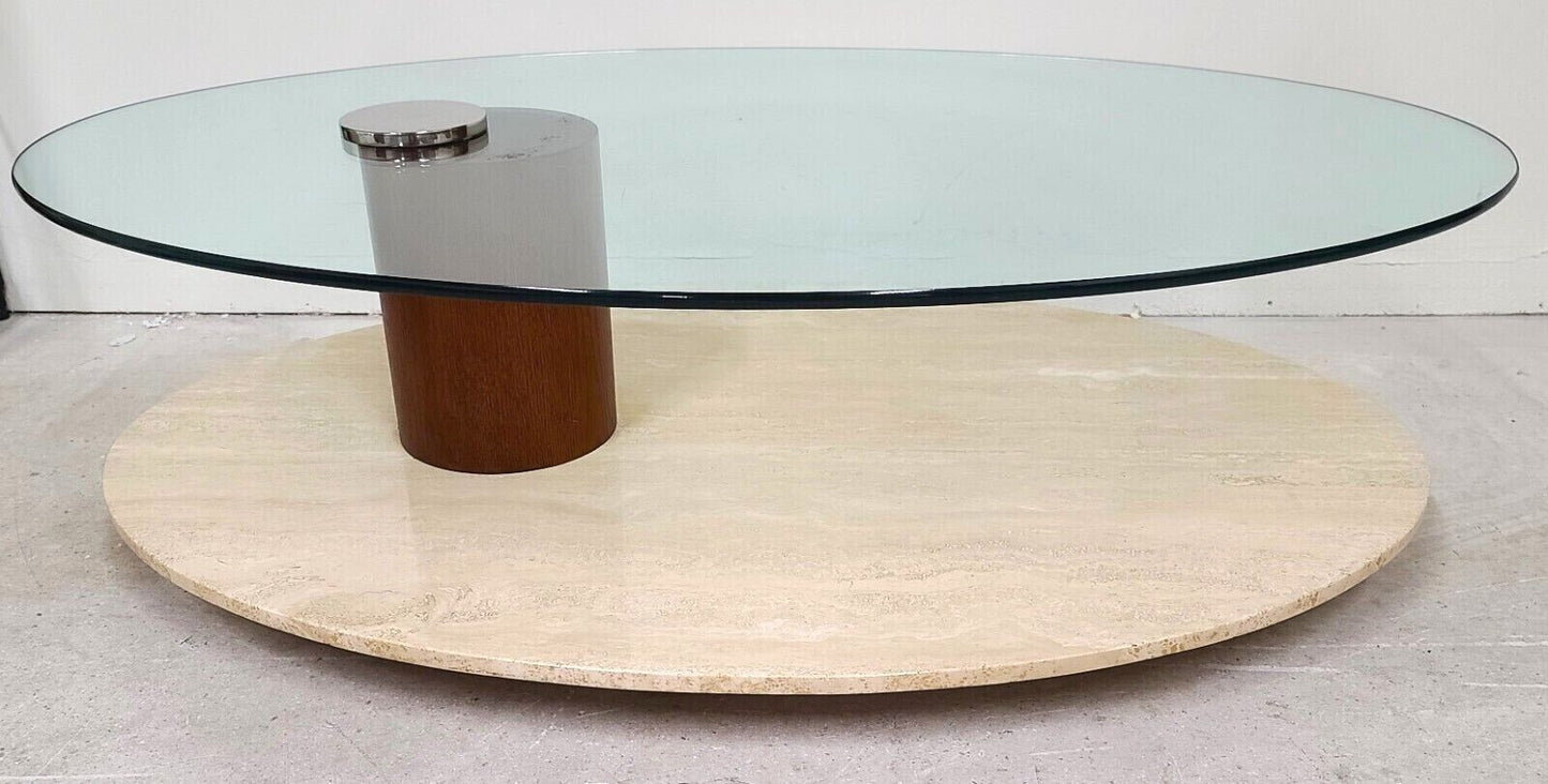 1970's MCM Travertine & Glass Swivel Top Coffee Cocktail Table by LION IN FROST