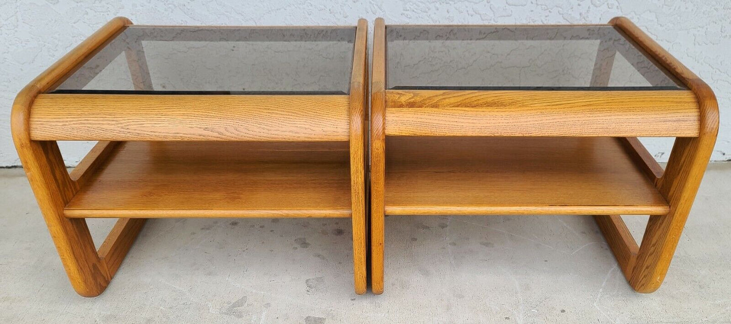(2) 1970's Mid Century Modern Hodges Mersman Oak Smoked Glass End Tables