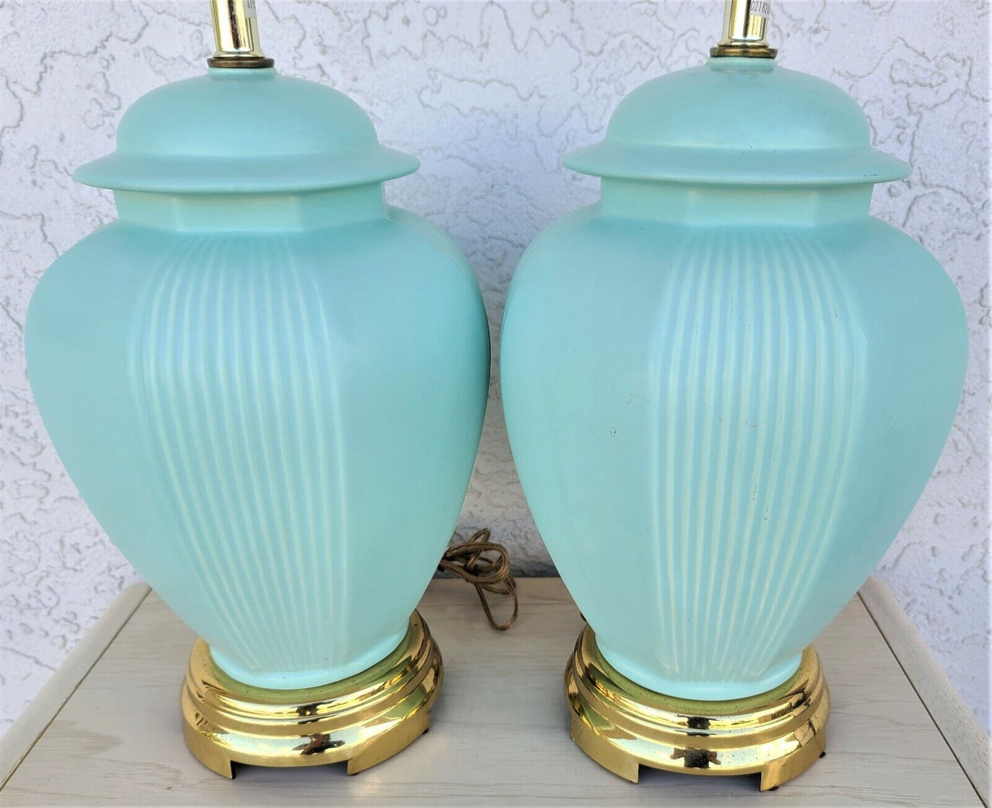 Pair of Asian Chinoiserie Ming Ceramic Ginger Jar & Brass Table Lamps In Aqua