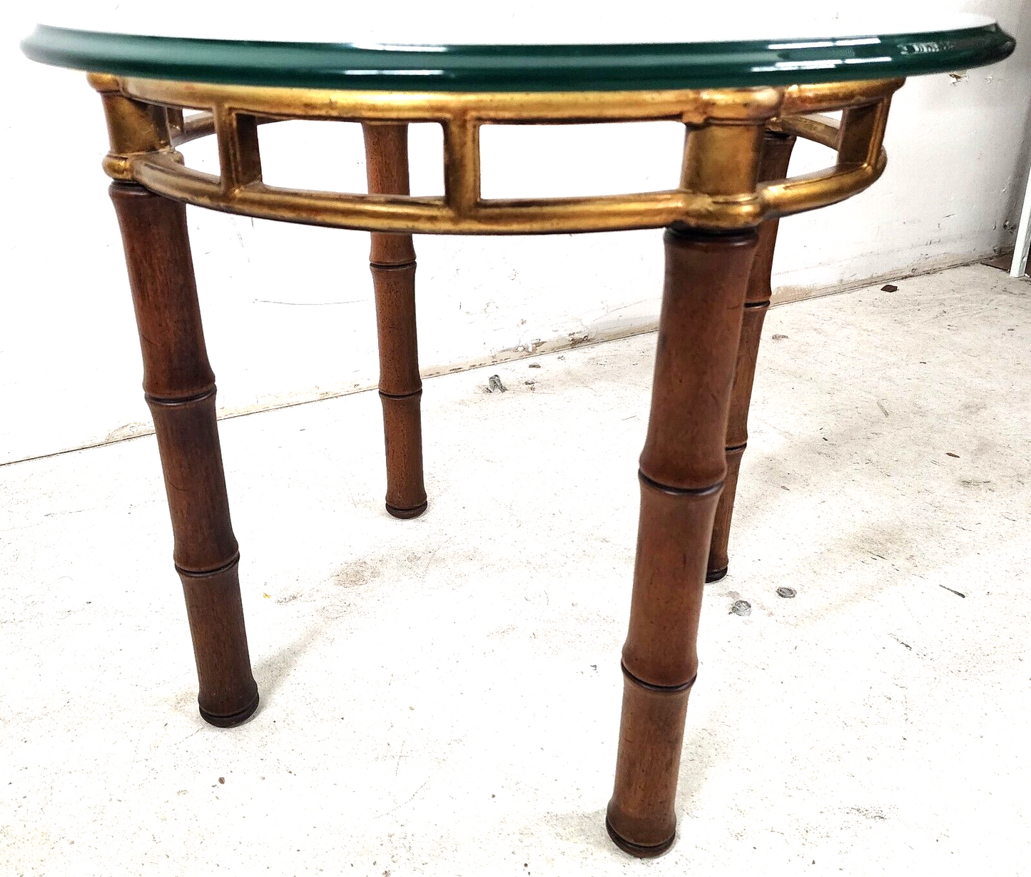 Bamboo Side Table Vintage Gilt Metal Wood Glass