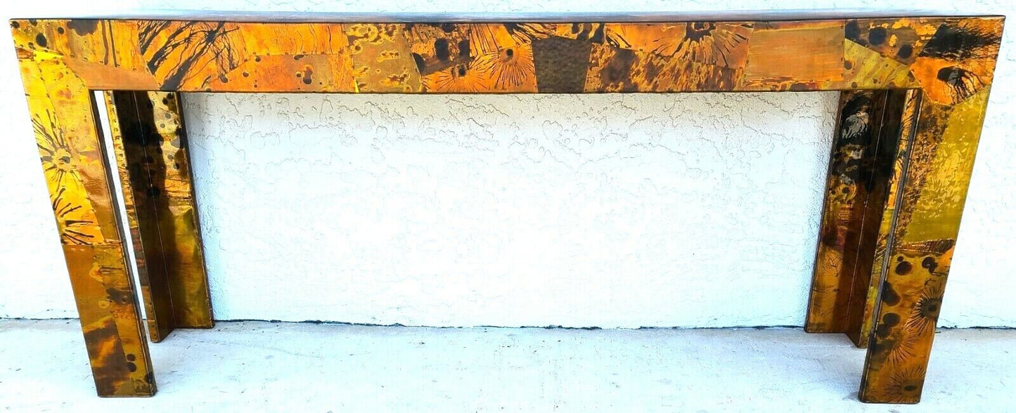 1970s Brutalist Copper Patchwork Console Table - Style of Paul Evans