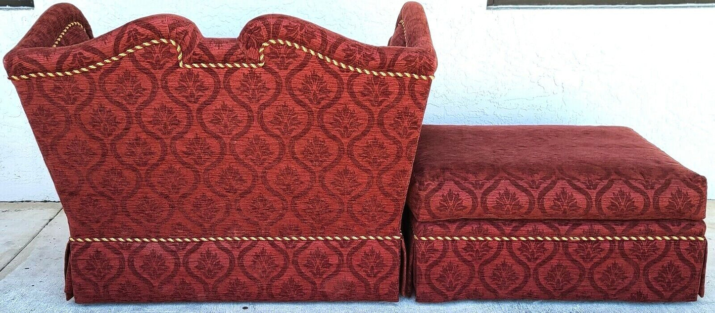 Oversized MARGE CARSON Damask Wingback Chair With Rolling Ottoman