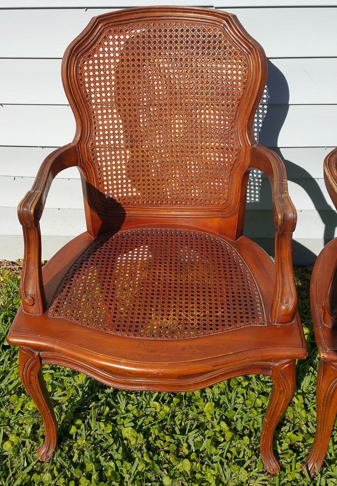 Pair of Vintage Louis XV French Provincial Country Cane Back & Seat Armchairs