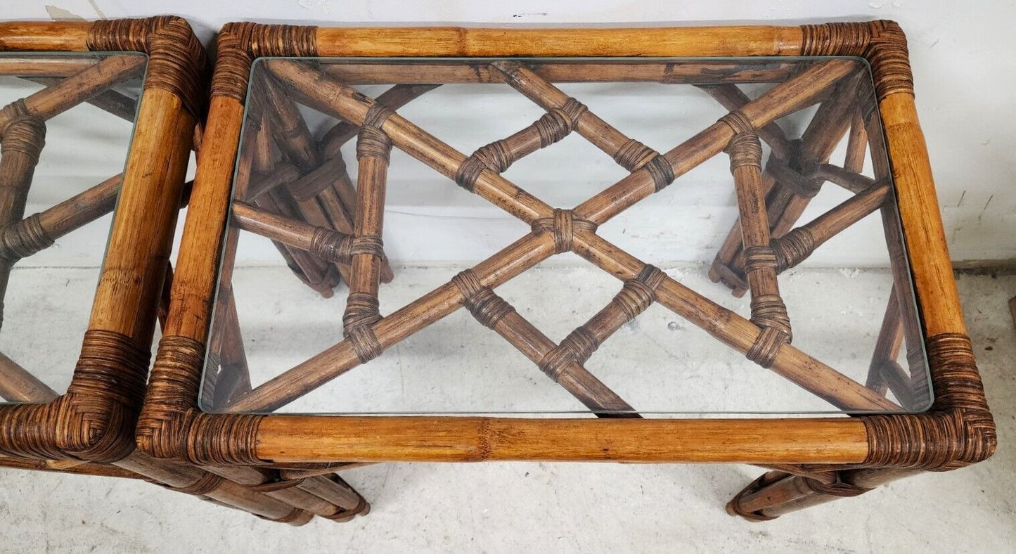 Vintage French Bamboo Rattan Glass Side Tables 1960s - A Pair