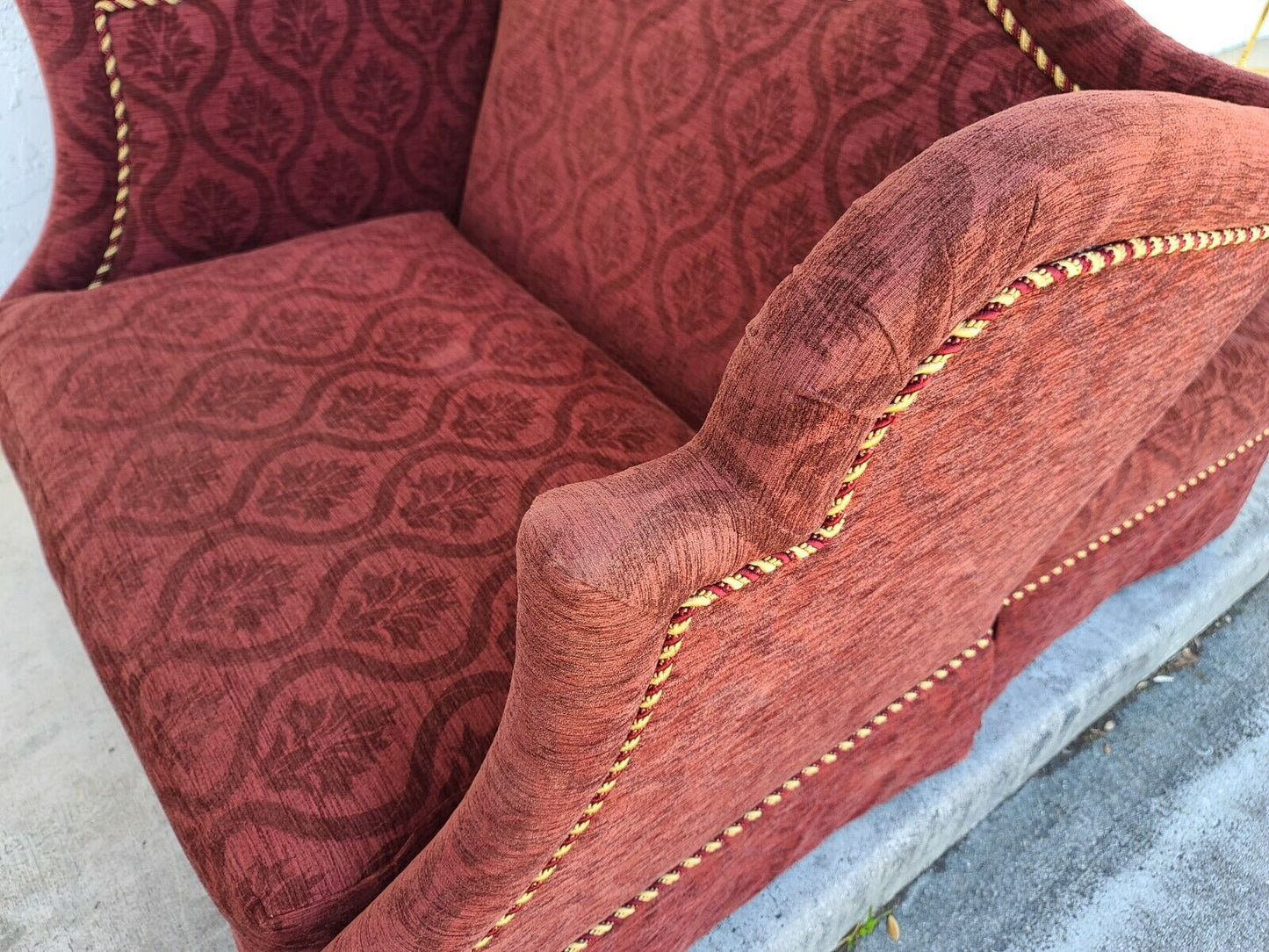 Oversized MARGE CARSON Damask Wingback Chair With Rolling Ottoman