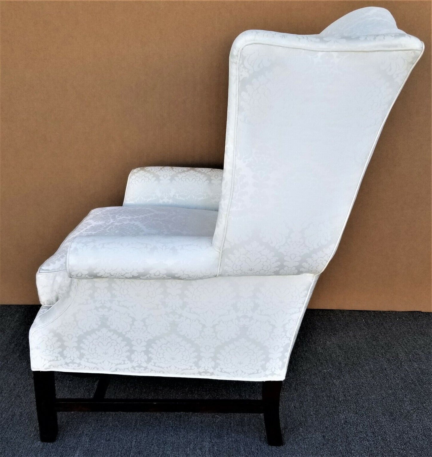 Vintage Chippendale Wingback White Brocade Satin Cotton and Down Armchair