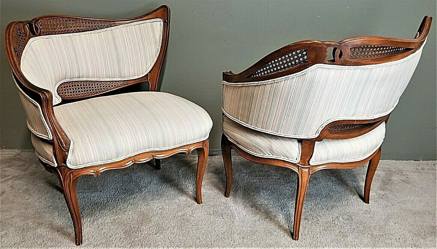 (2) French Provincial Fauteuil Carved Wood Upholstered Accent Chairs Armchairs