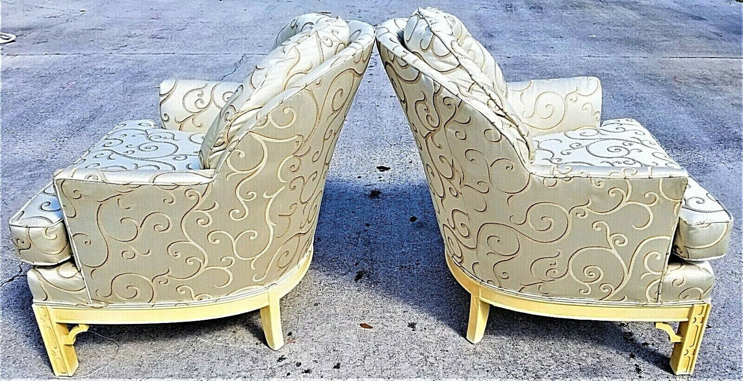 (2) Regency Asian Chinoiserie Style Tufted Barrel Back Club Lounge Armchairs