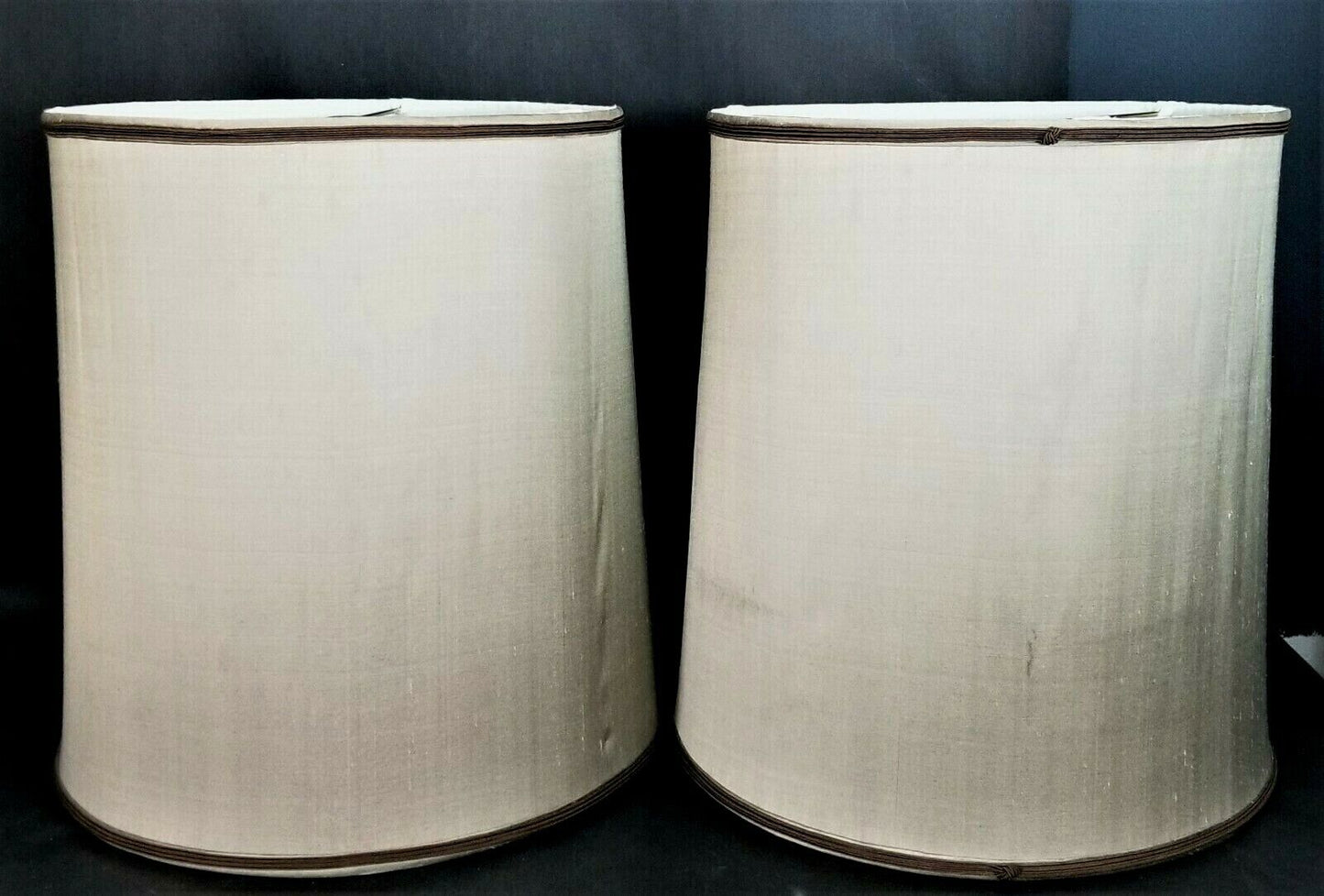 2 Vintage STIFFEL Enamel and Brass Candlestick Lamps with Dupioni Silk Shades