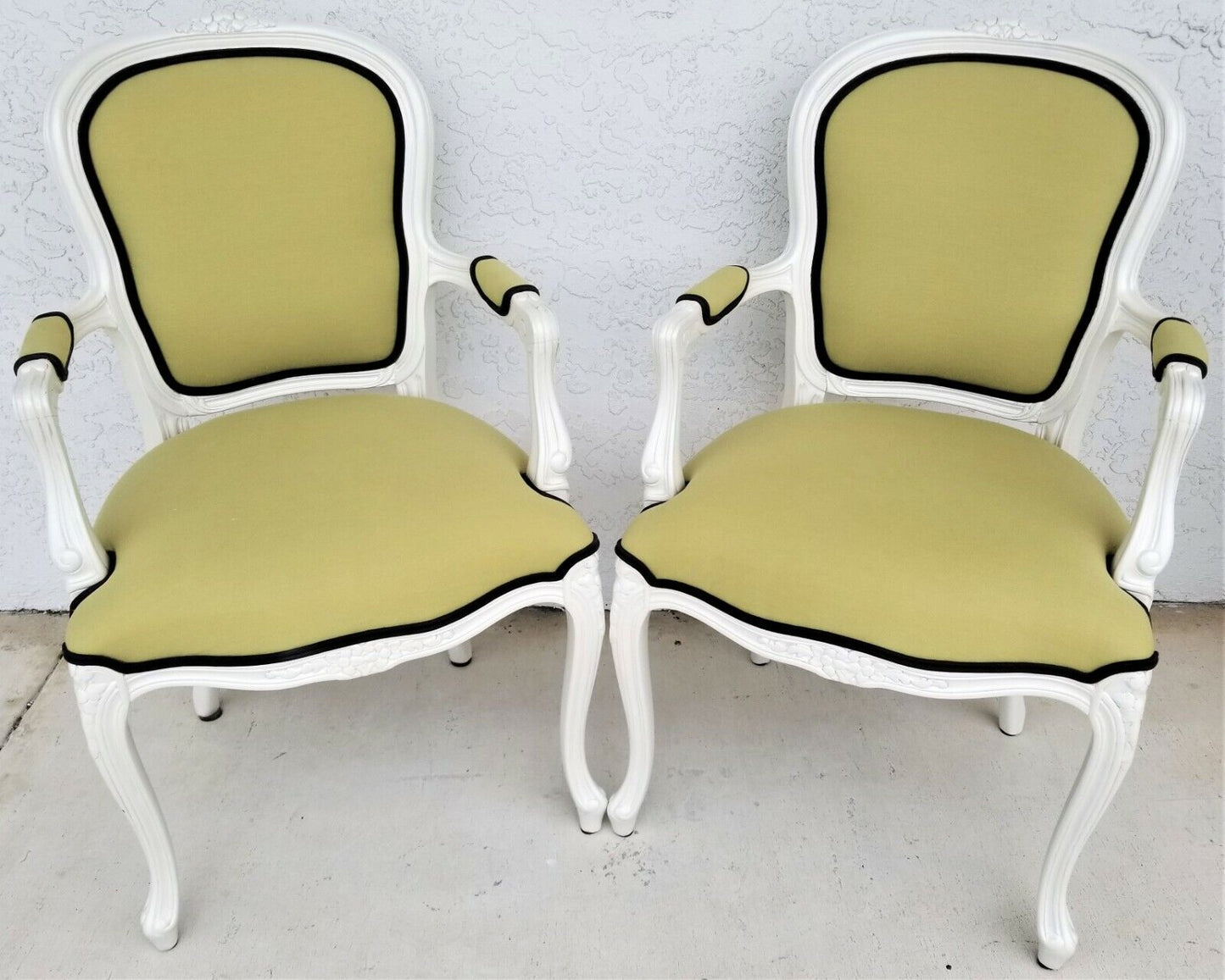 (2) Vintage French Provincial Louis XV Pearled White Carved Wood Armchairs