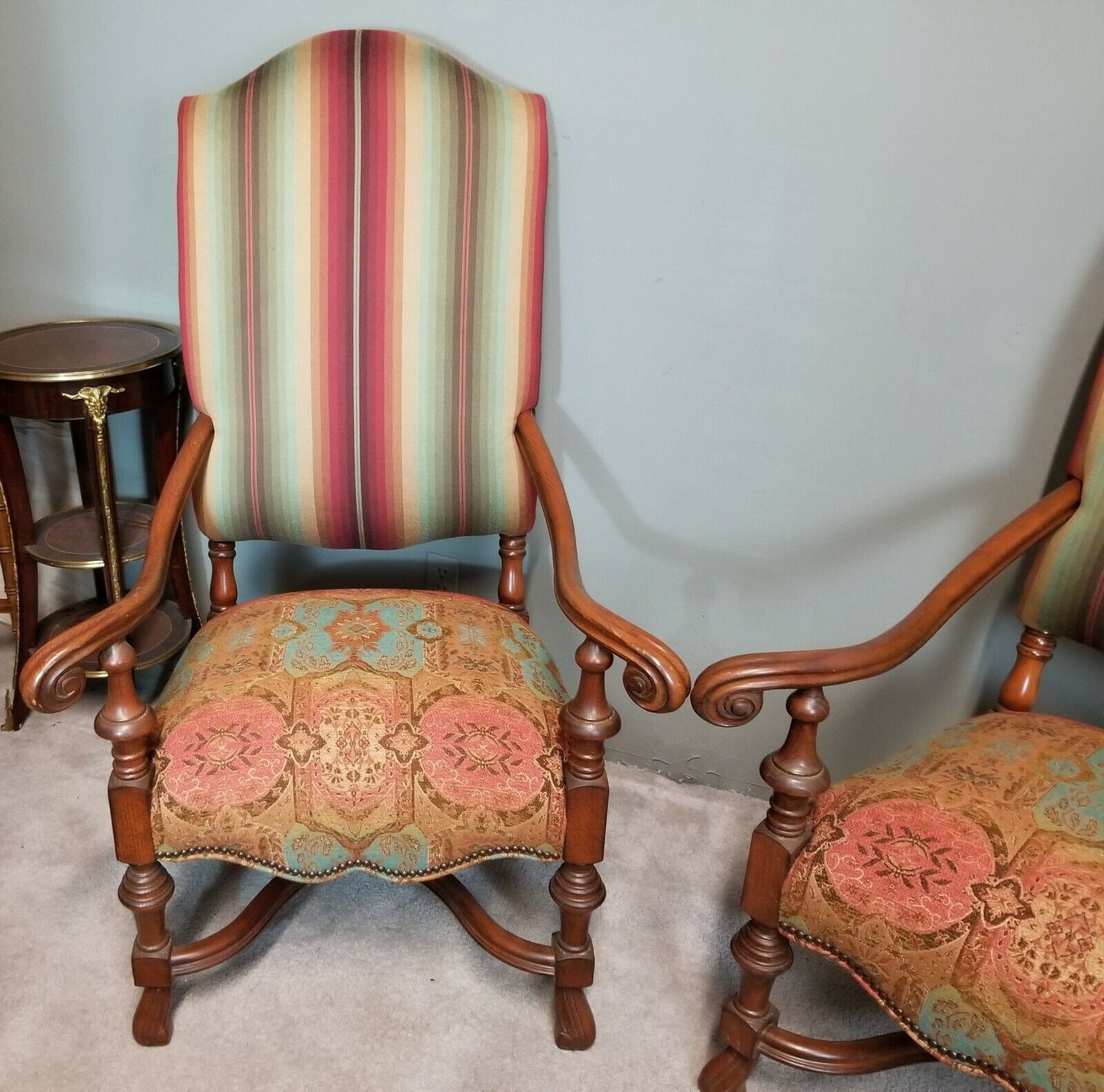 Pair of Antique 1930's French Louis XIV Style Carved Throne Armchairs