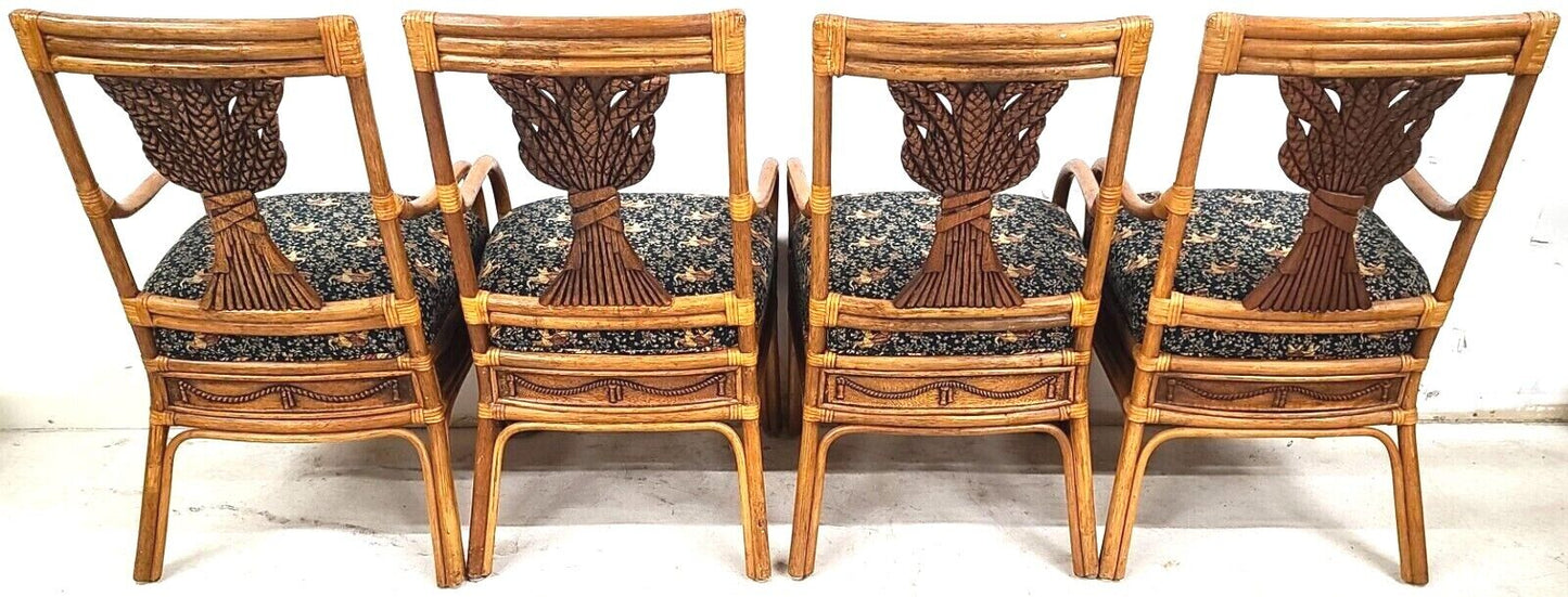 (4) Vintage Bamboo Bentwood Rattan Wheat Back Dining Armchairs