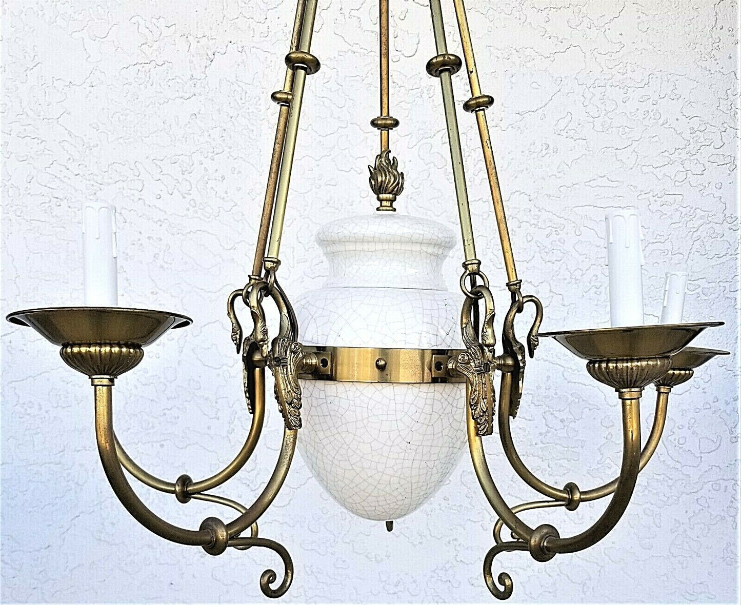 Vtg French Empire Brass Swans 5 Light Ceramic Urn Style Chandelier