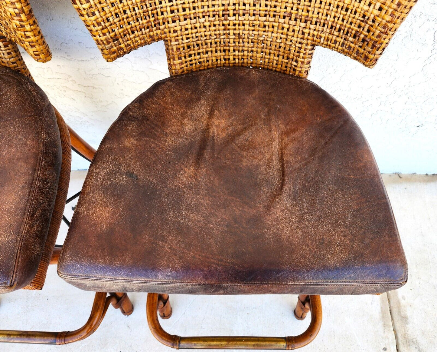Vintage Bamboo Barstools Caned Backs Leather Rattan