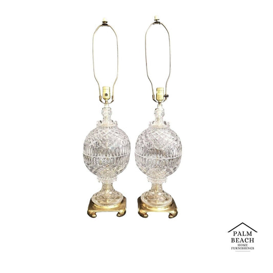 Vintage Large French Cut Lead Crystal Table Lamps - A Pair