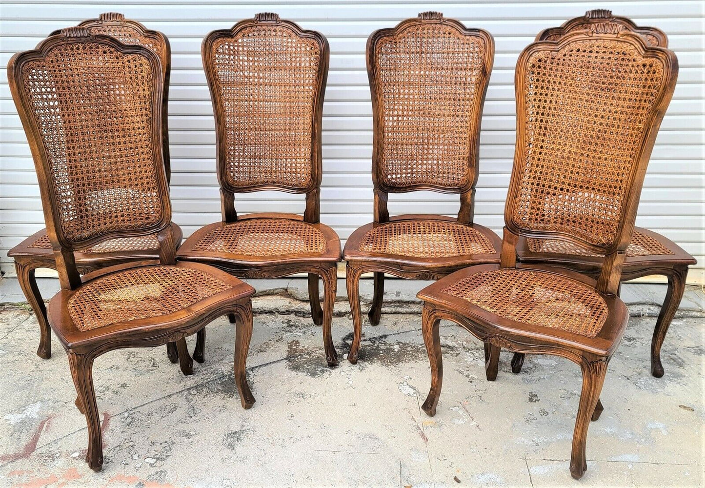Antique Early 1900's French Provincial Cane Walnut Dining Chairs - Set of 6