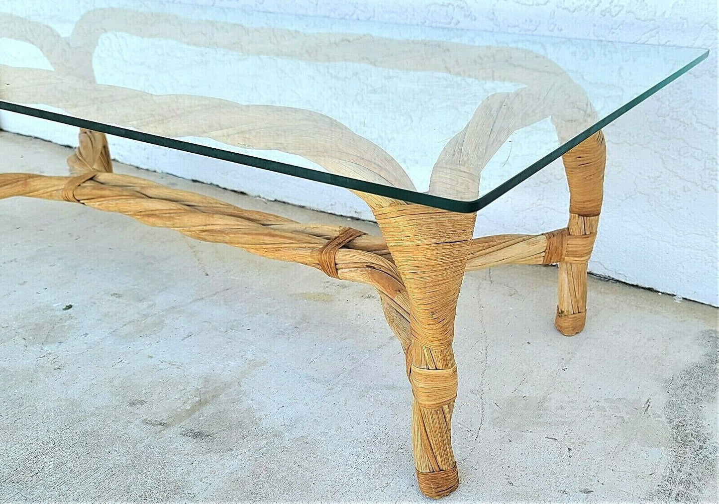 Organic Modern Coastal Twisted Braided Bentwood & Rattan Glass Top Coffee Table
