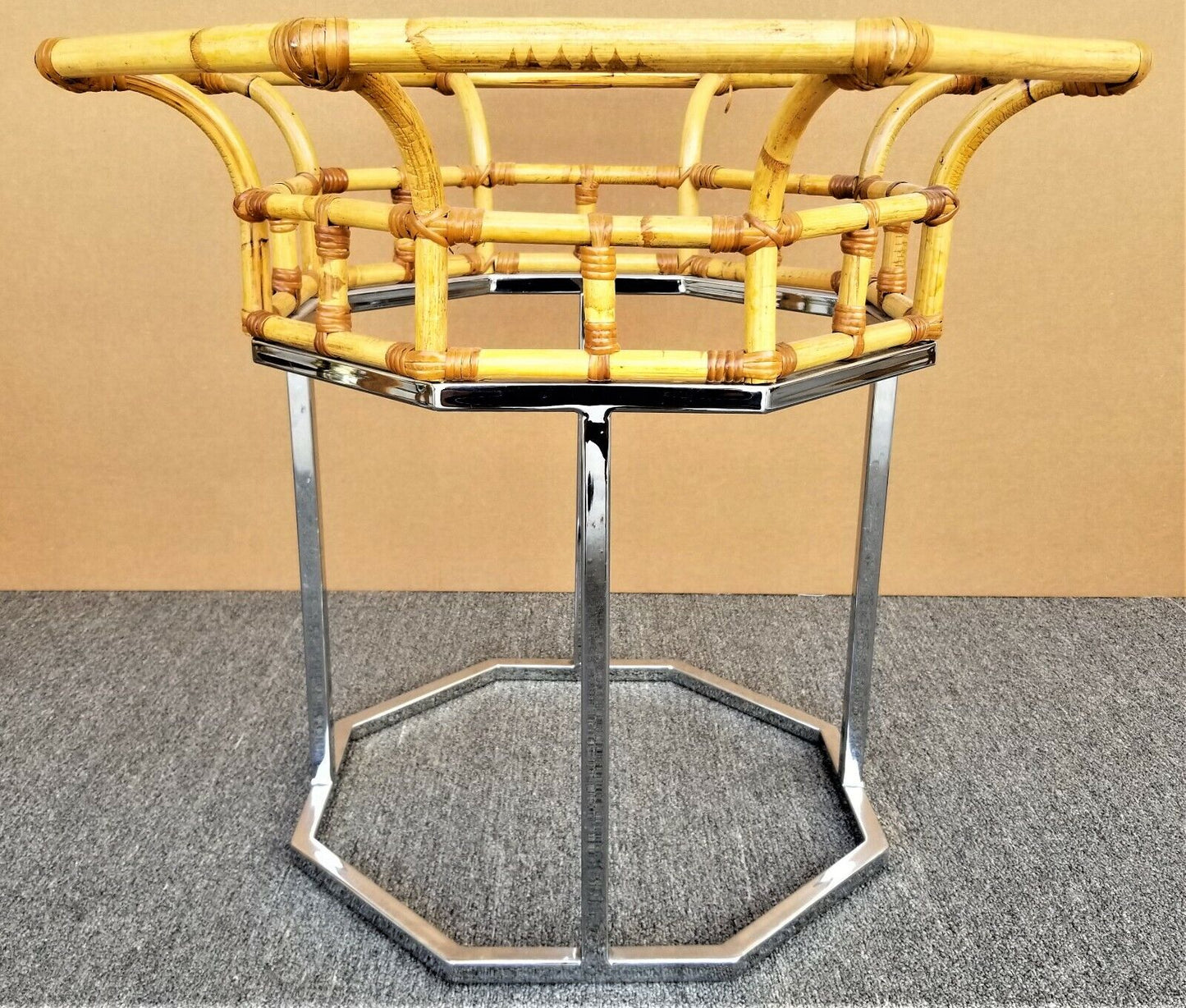 Vintage MCM Milo Baughman Style Chrome Bamboo Rattan Glass Dining Gaming Table