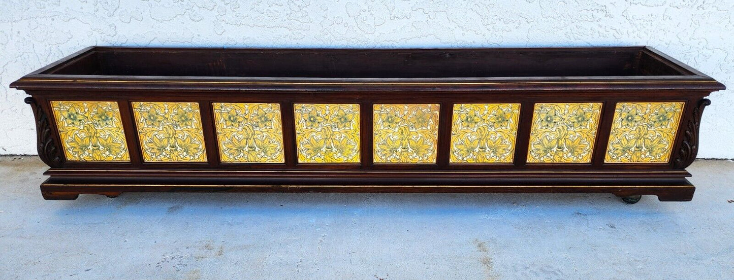 Antique English Tile Mahogany Planter Rolling 1930's