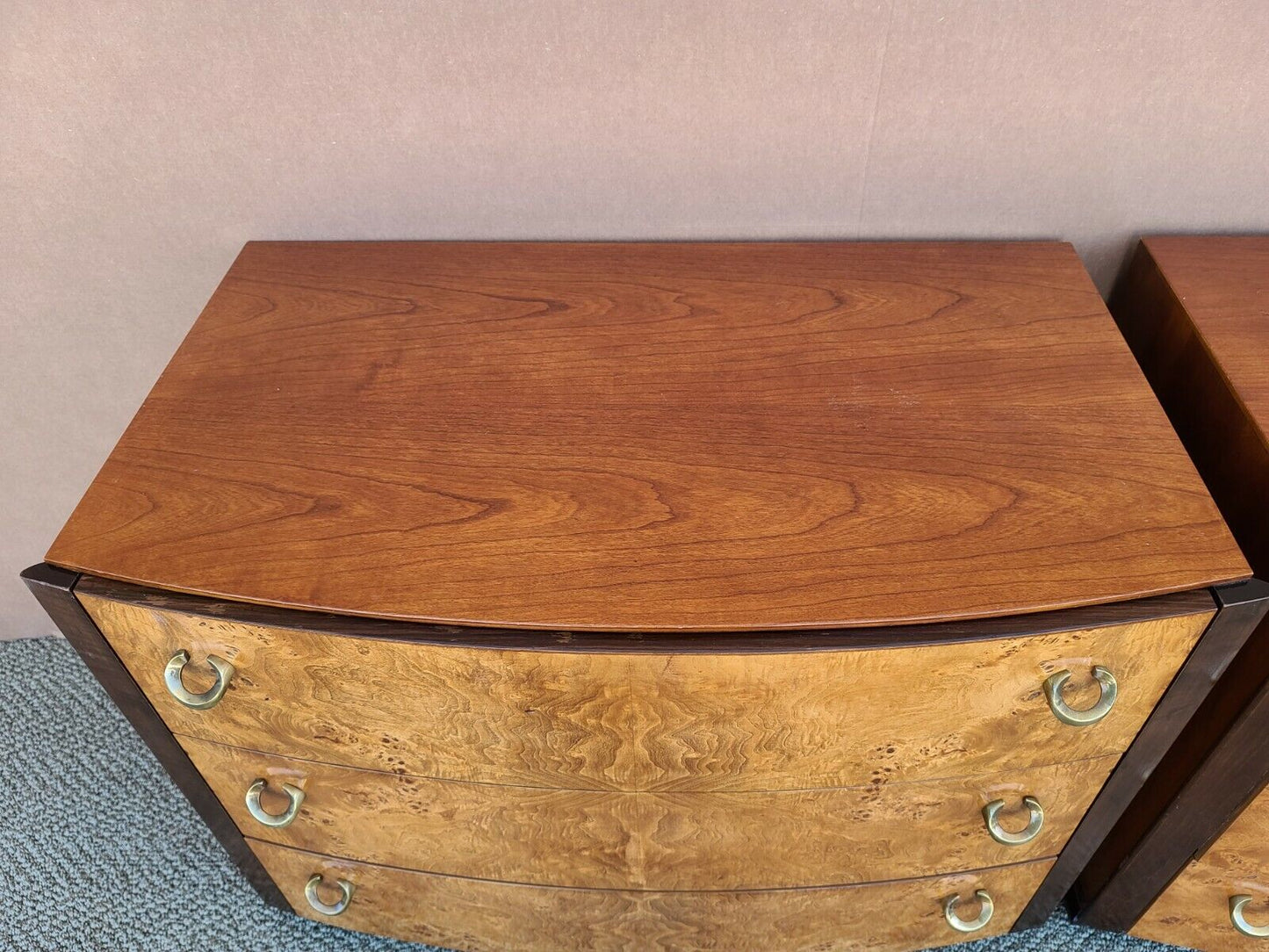 MCM Pair of Vintage HICKORY WHITE Briar Burl Wood Nightstands Chests