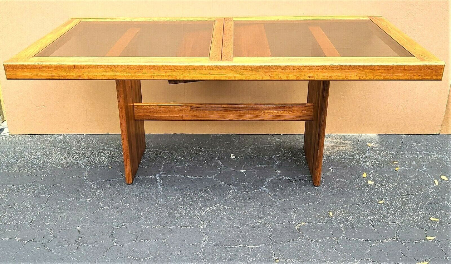 MCM Vintage Solid Teak Smoked Glass Extendable Pop Up Leaf Dining Table