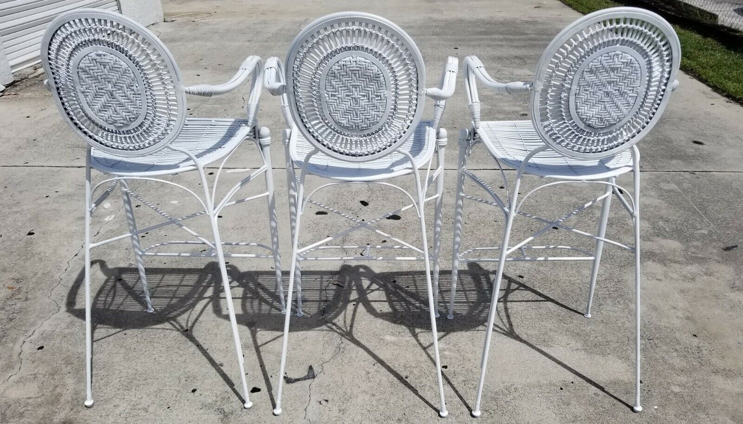 Set of 3 Palm Beach Coastal White Wrought Iron Bar Stools Bamboo Rattan Bentwood