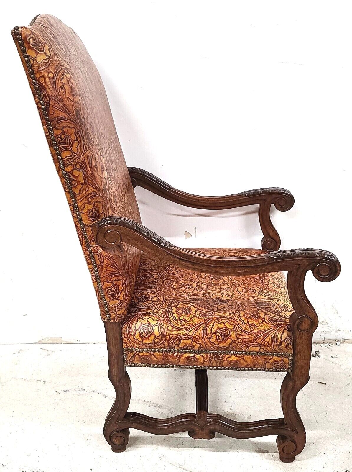 Antique French Hand Colored Tooled Leather Throne Armchair