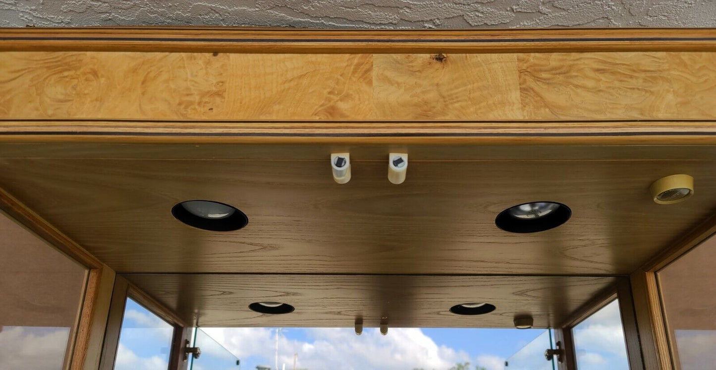 70's Milo Baughman Style HENREDON Scene Two Olive Burl Display Cabinet Case 2 Pc