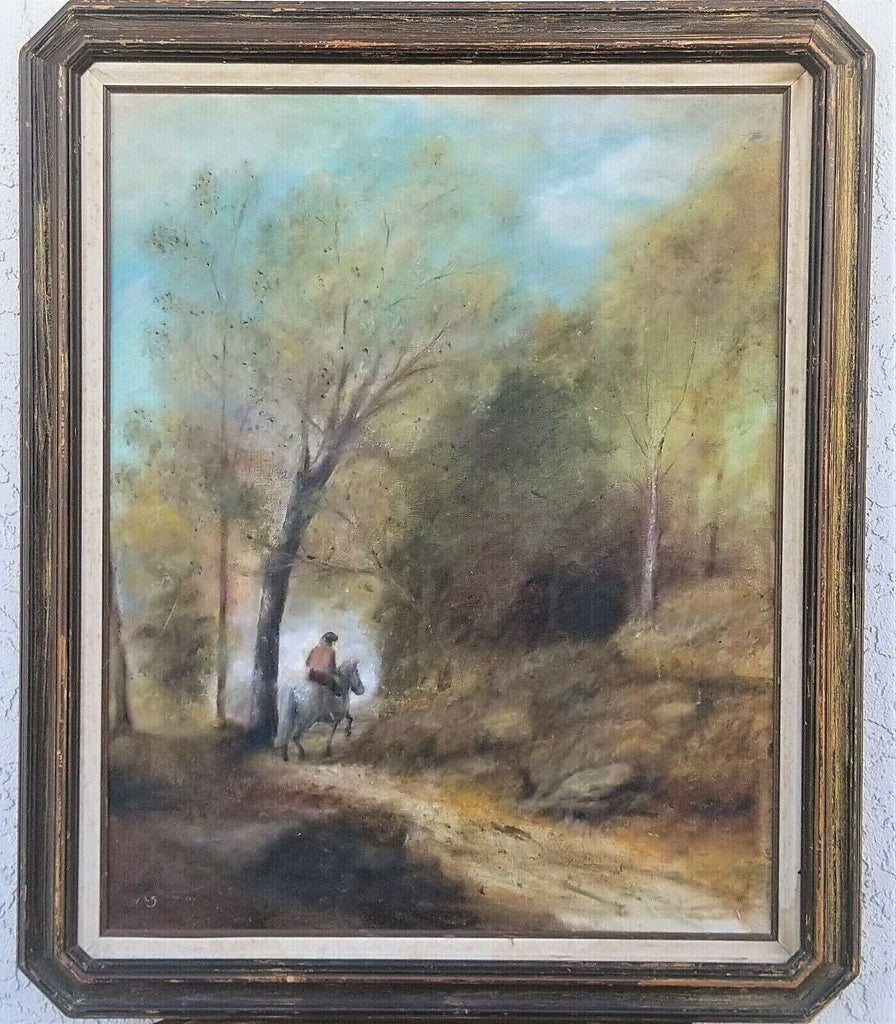 Vintage Signed "A. S." Horse and Rider in the Forest Painting on Canvas 30 x 24