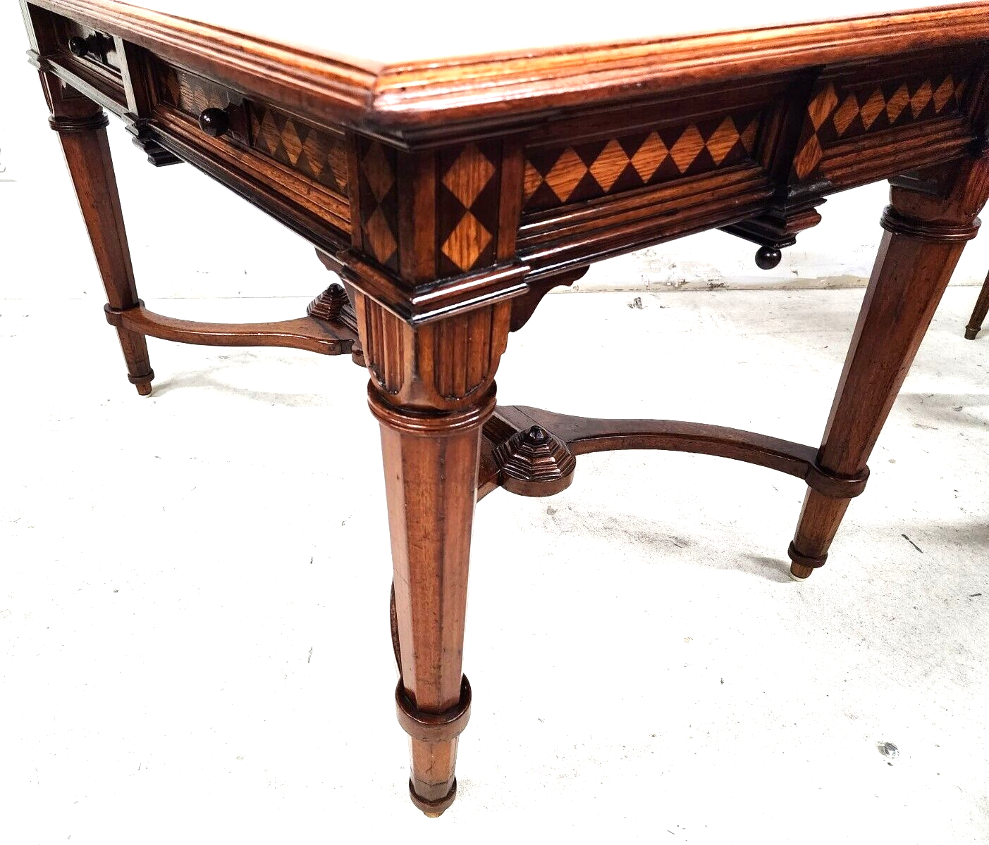 Antique Library Dining Table English 4 Drawer w Glass Top