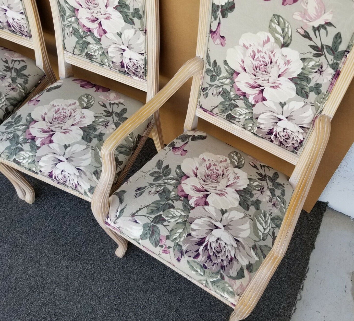 Carved Blonde Solid Wood Chintz Roses Dining Chairs - Set of 4