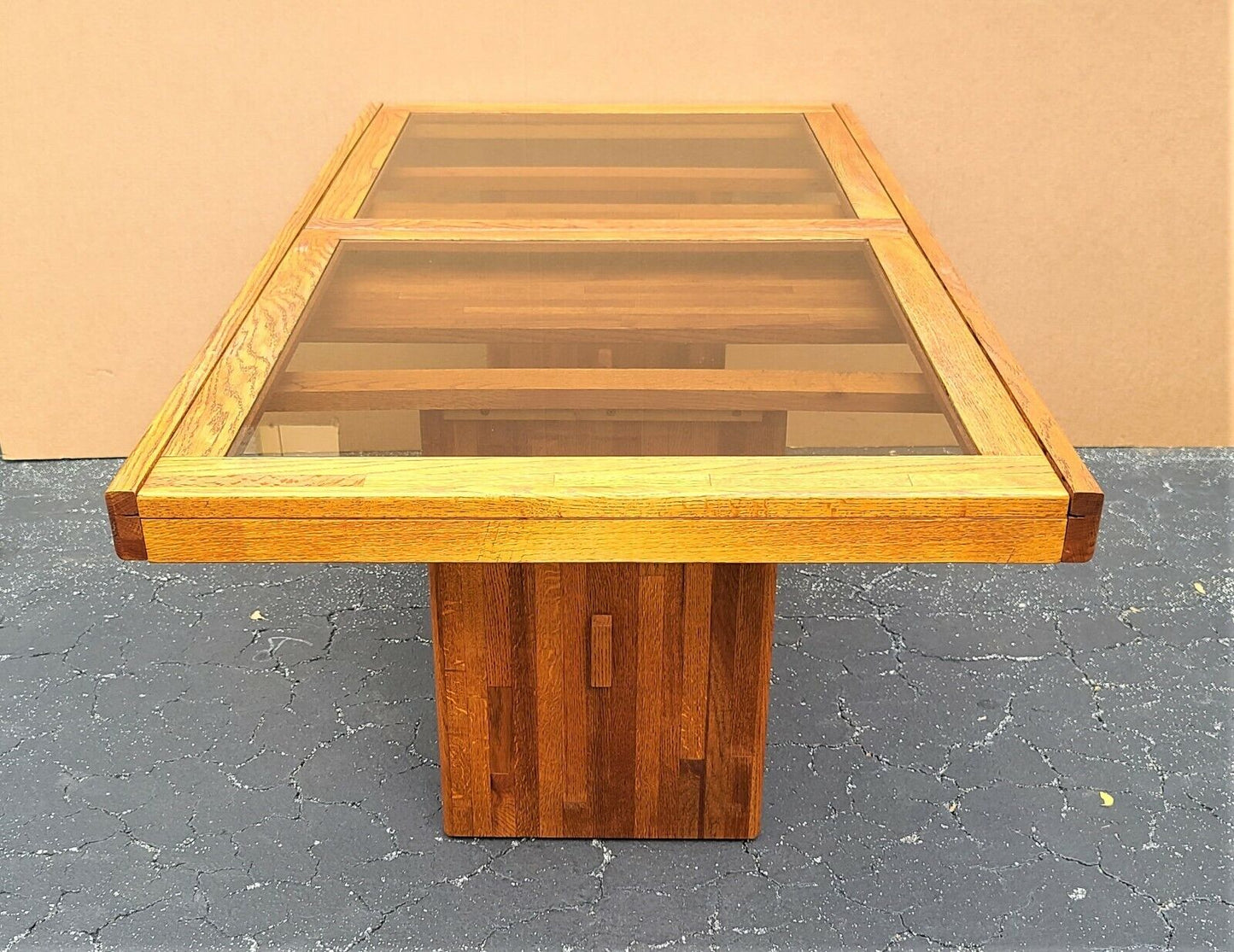 MCM Vintage Solid Teak Smoked Glass Extendable Pop Up Leaf Dining Table