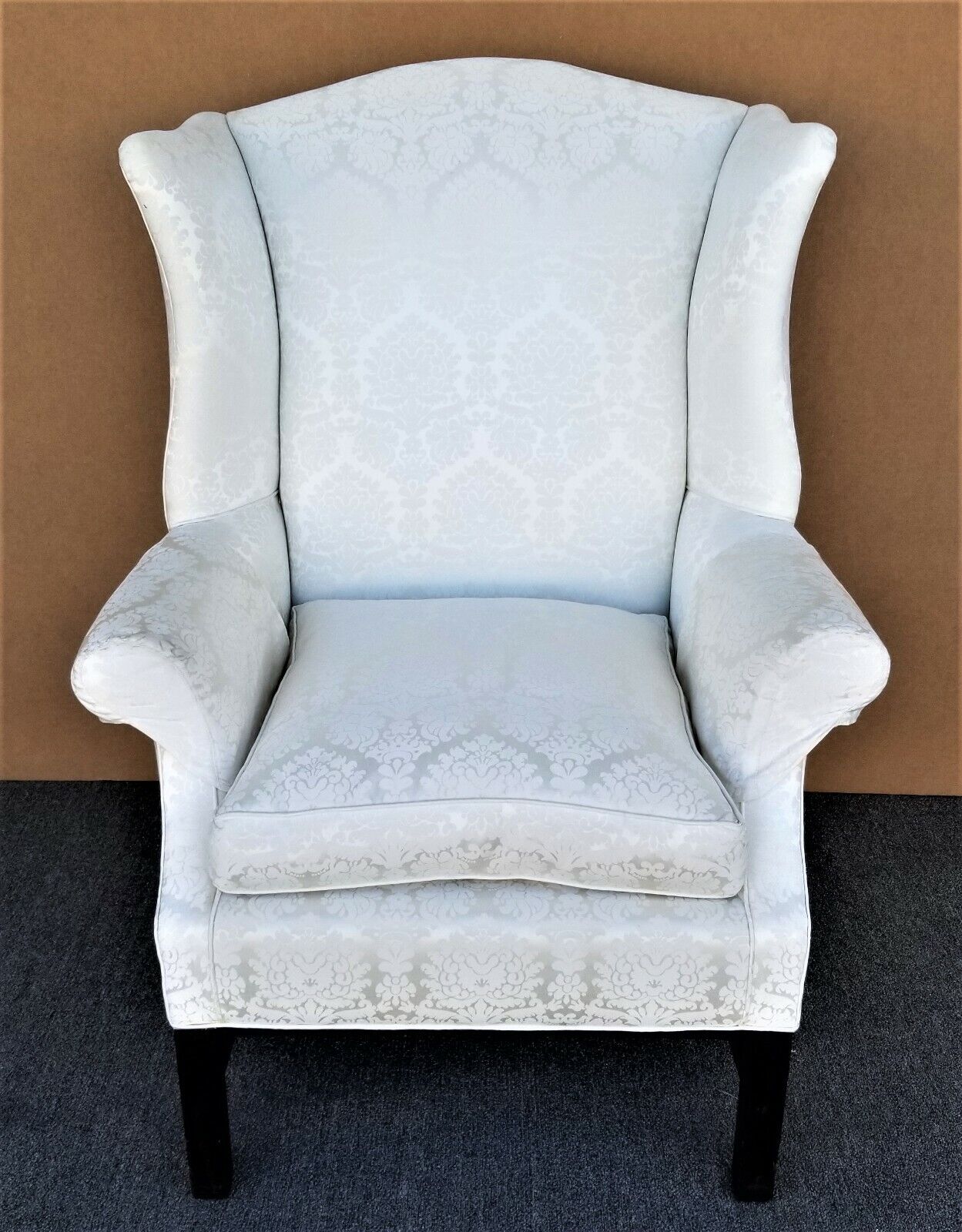Vintage Chippendale Wingback White Brocade Satin Cotton and Down Armchair