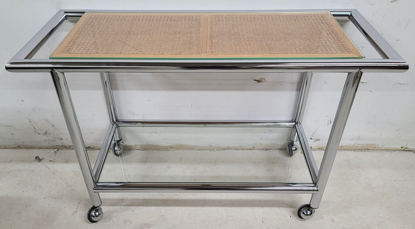 MCM 1970s Chrome Wicker Glass Rolling Bar Serving Cart