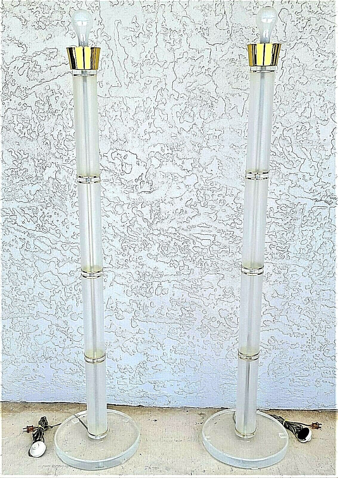 Pair of 1970's Mid Century Modern OPTIQUE Style Lucite & Brass Floor Lamps