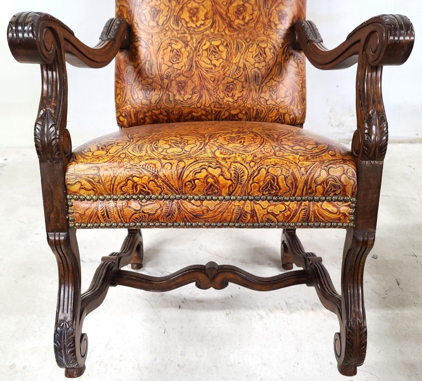 Antique French Hand Colored Tooled Leather Throne Armchair